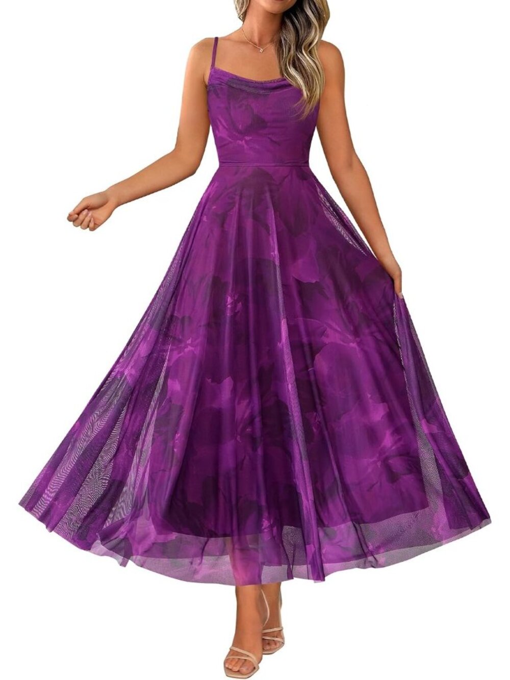 〽️Women's Purple Floral Maxi Dress Cowl Neck Boho Summer Beach Party Style